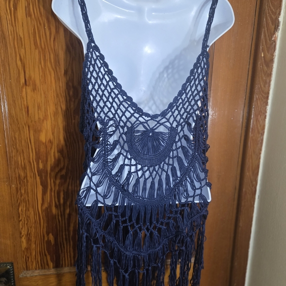 Navy Crochet Fringe Halter Top - Picture 2 of 2